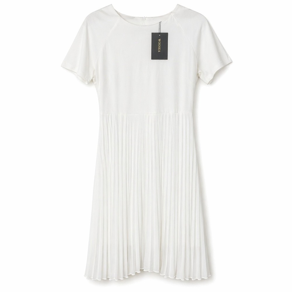 WOOSEA White Pleated Midi Dress Womens L Short Sleeve Fit Flare Party Wedding...